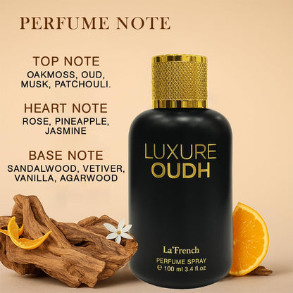 LA' French Luxure Oudh Eau de Parfum for Men, 100ml, with Agarwood, Musk, Sandalwood and Oakmoss Notes - ingredients panel