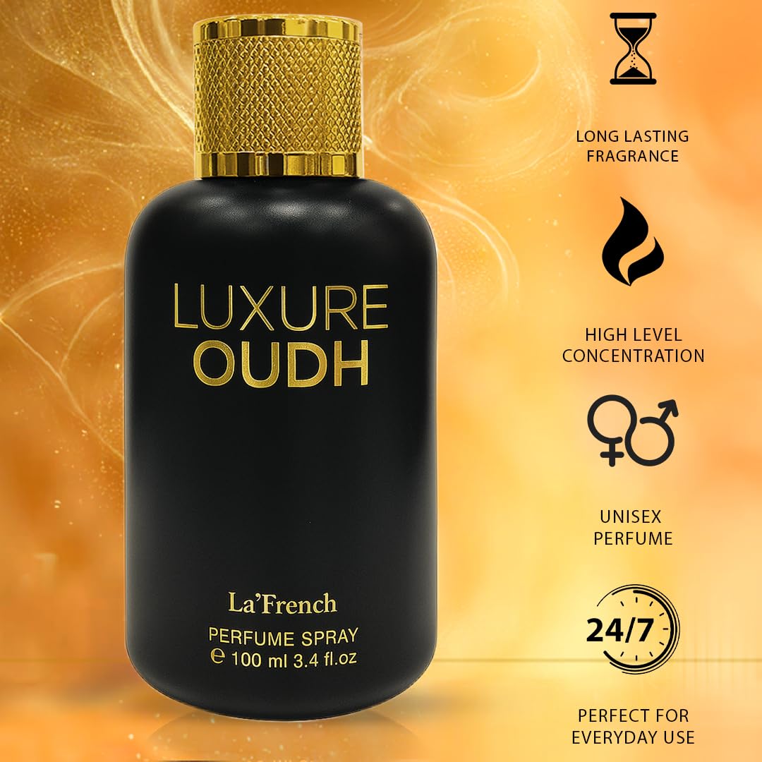 LA' French Luxure Oudh Eau de Parfum for Men, 100ml, with Agarwood, Musk, Sandalwood and Oakmoss Notes - close-up detail