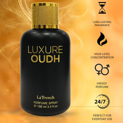 LA' French Luxure Oudh Eau de Parfum for Men, 100ml, with Agarwood, Musk, Sandalwood and Oakmoss Notes - close-up detail