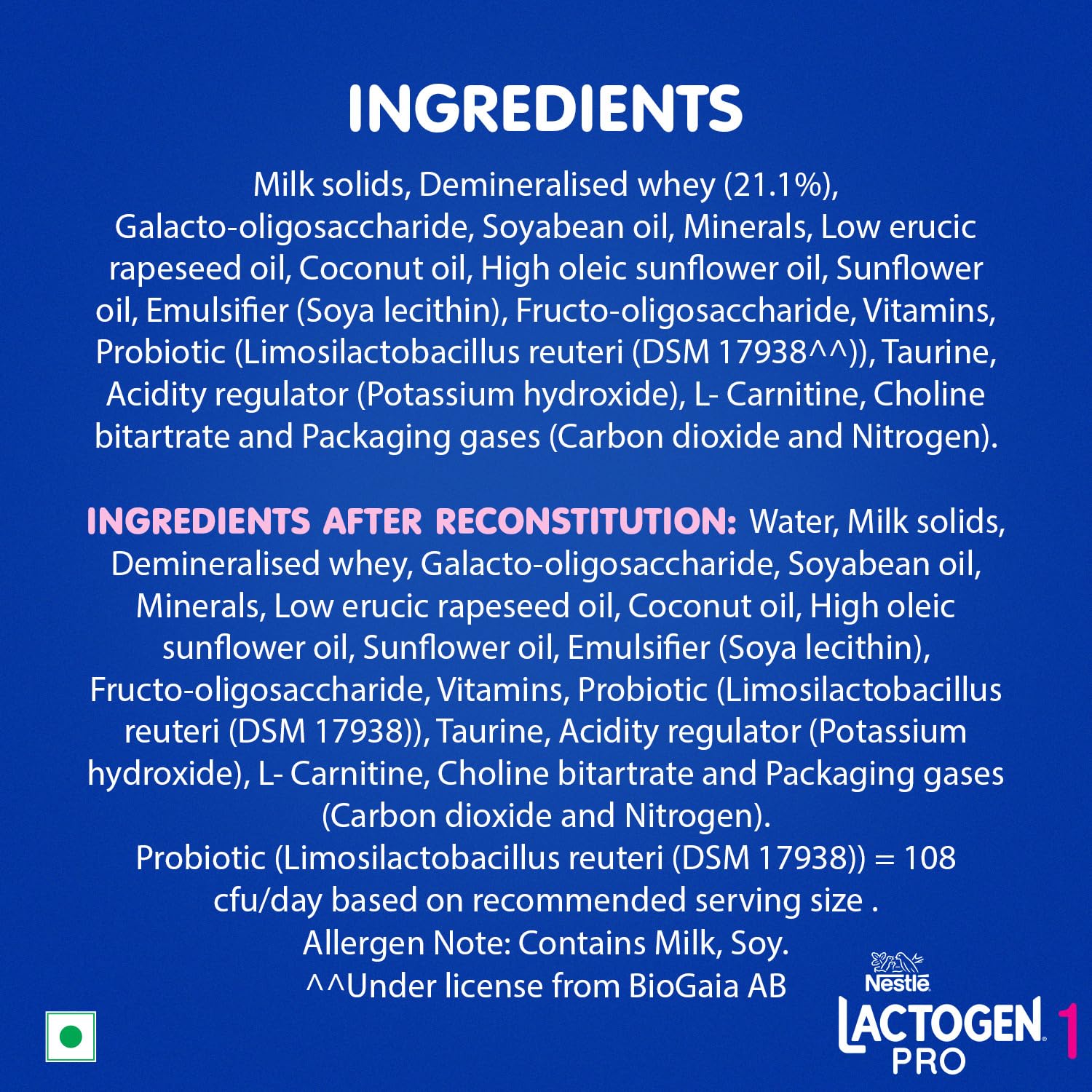 Lactogen Pro 1 Baby Milk Powder, 0-6 Months, Infant Formula with Probiotics and Prebiotics - label detail