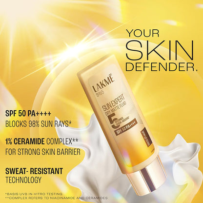 LAKMÉ Fluid SPF 50 PA++++ Sunscreen for Oily Skin, In-Vivo Tested, 1% Niacinamide & Ceramide, 50ml - size and scale