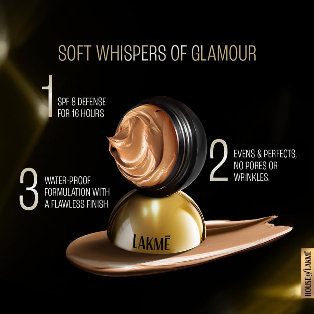 Lakme Xtraordin-airy Mattereal Mousse Foundation, Matte Finish, Minimizes Pores, Has SPF8, 06 Almond Honey 25g - label detail