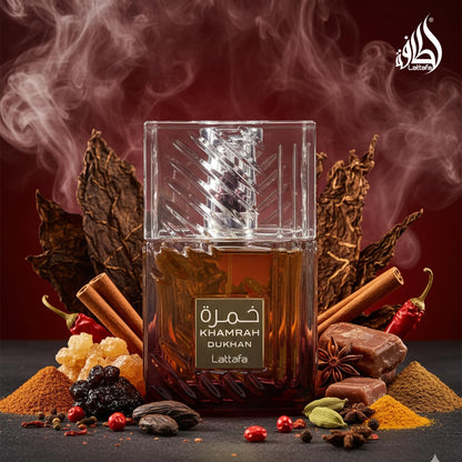 Lattafa Khamrah Eau de Parfum, 100ml Unisex Aromatic Spicy Fragrance with Vanilla, Cinnamon, Woody Notes - ingredients panel 