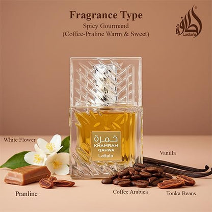 Lattafa Khamrah Eau de Parfum, 100ml Unisex Aromatic Spicy Fragrance with Vanilla, Cinnamon, Woody Notes - close-up detail (2