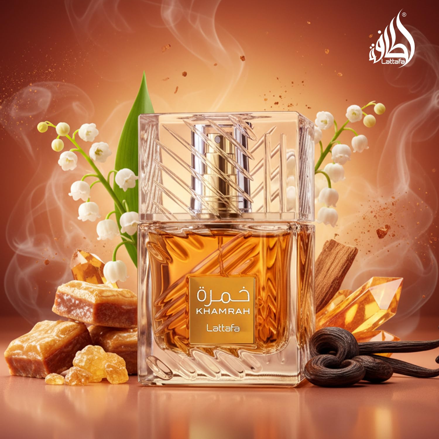 Lattafa Khamrah Eau de Parfum, 100ml Unisex Aromatic Spicy Fragrance with Vanilla, Cinnamon, Woody Notes - label detail