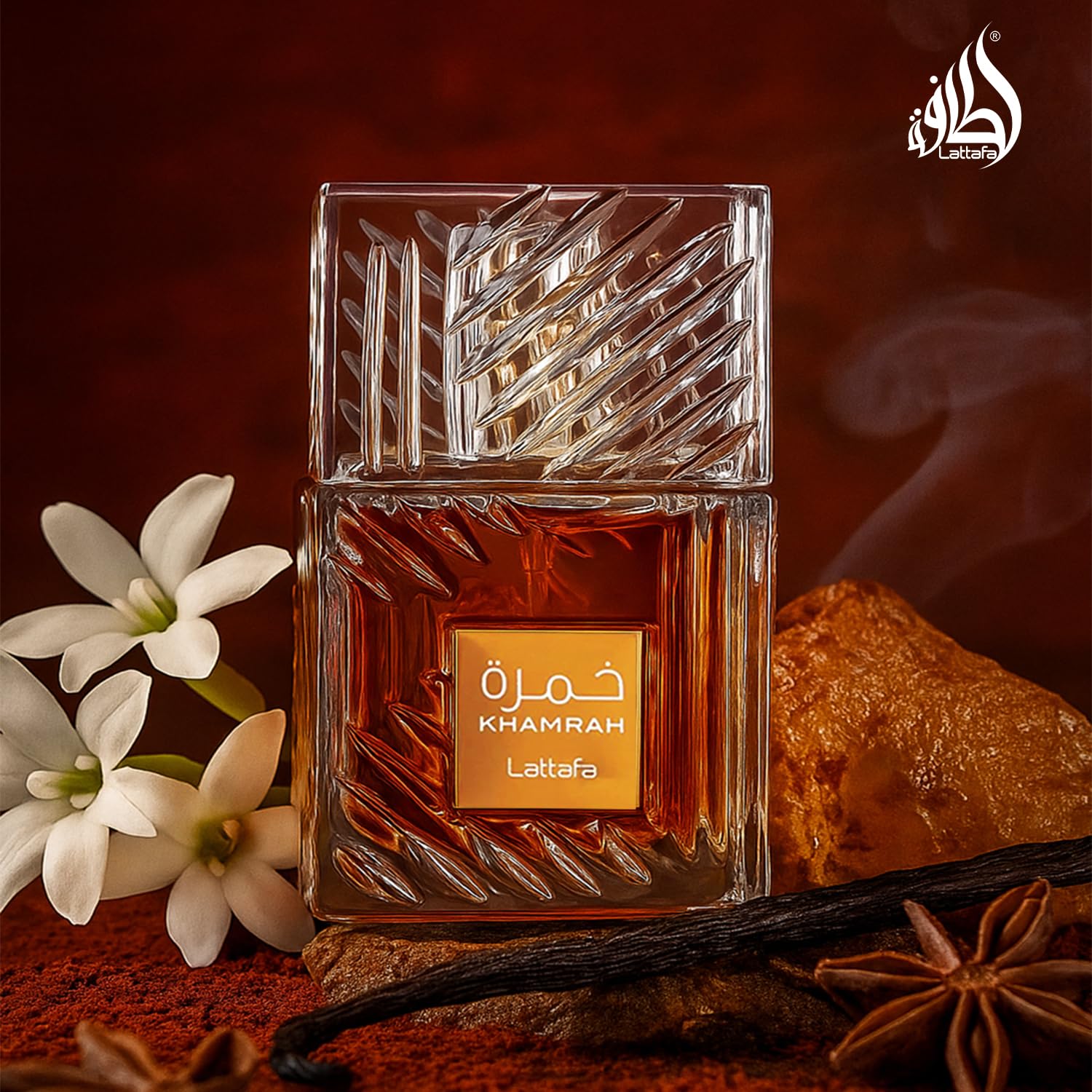 Lattafa Khamrah Eau de Parfum, 100ml Unisex Aromatic Spicy Fragrance with Vanilla, Cinnamon, Woody Notes - ingredients panel