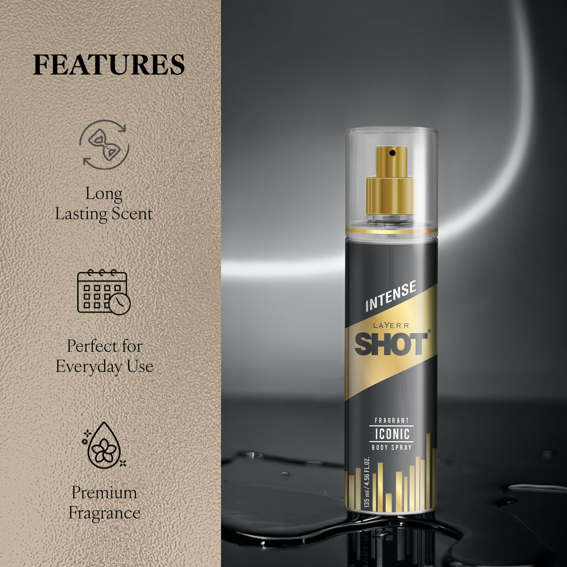 Layer'r Shot Gold Iconic Deodorant Body Spray for Men, 135ml, Spicy Citrus & Amber Fragrance - packaging