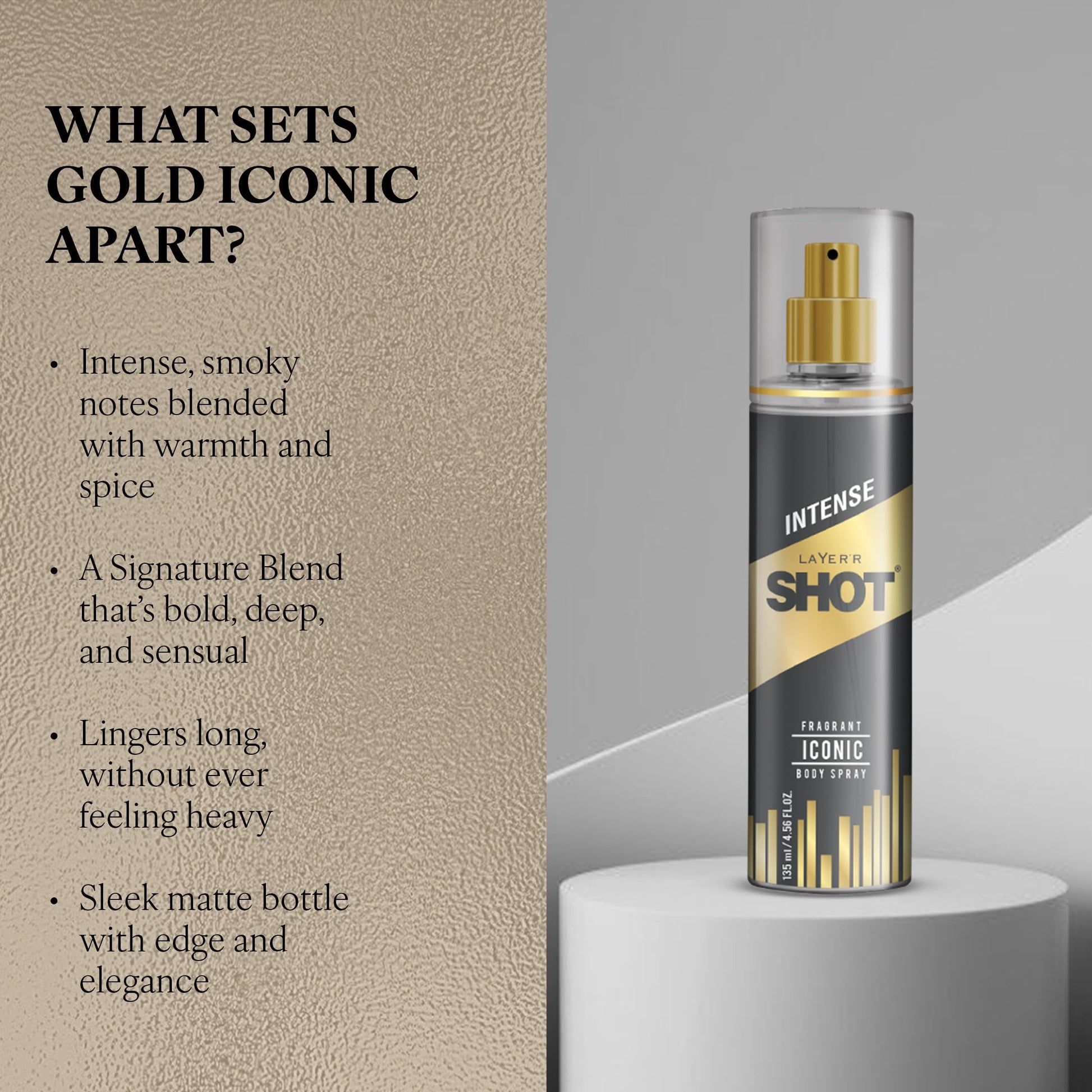 Layer'r Shot Gold Iconic Deodorant Body Spray for Men, 135ml, Spicy Citrus & Amber Fragrance - label detail