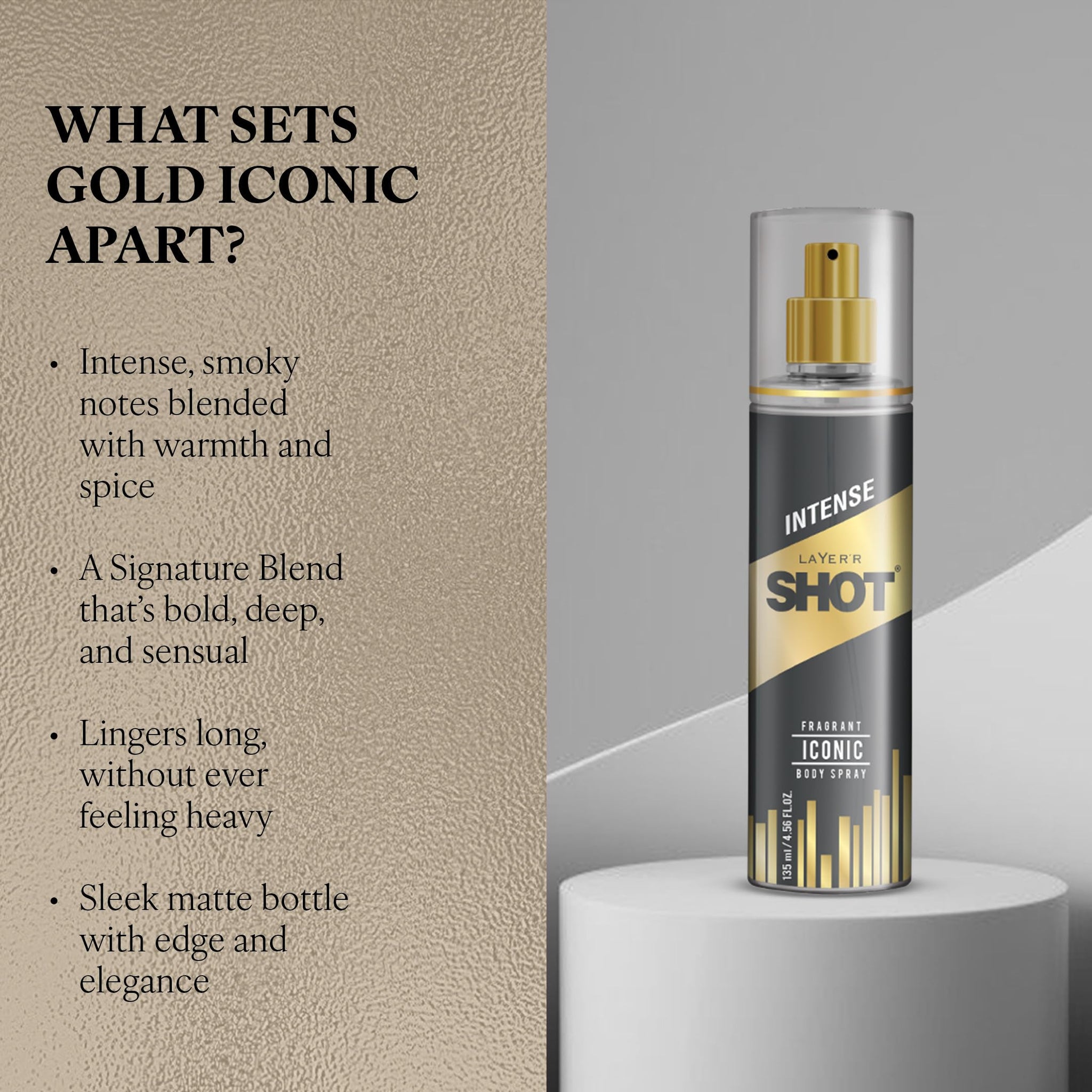 Layer'r Shot Gold Iconic Deodorant Body Spray for Men, 135ml, Spicy Citrus & Amber Fragrance - label detail