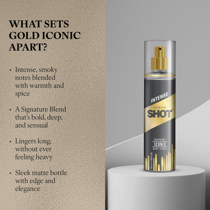 Layer'r Shot Gold Iconic Deodorant Body Spray for Men, 135ml, Spicy Citrus & Amber Fragrance - label detail