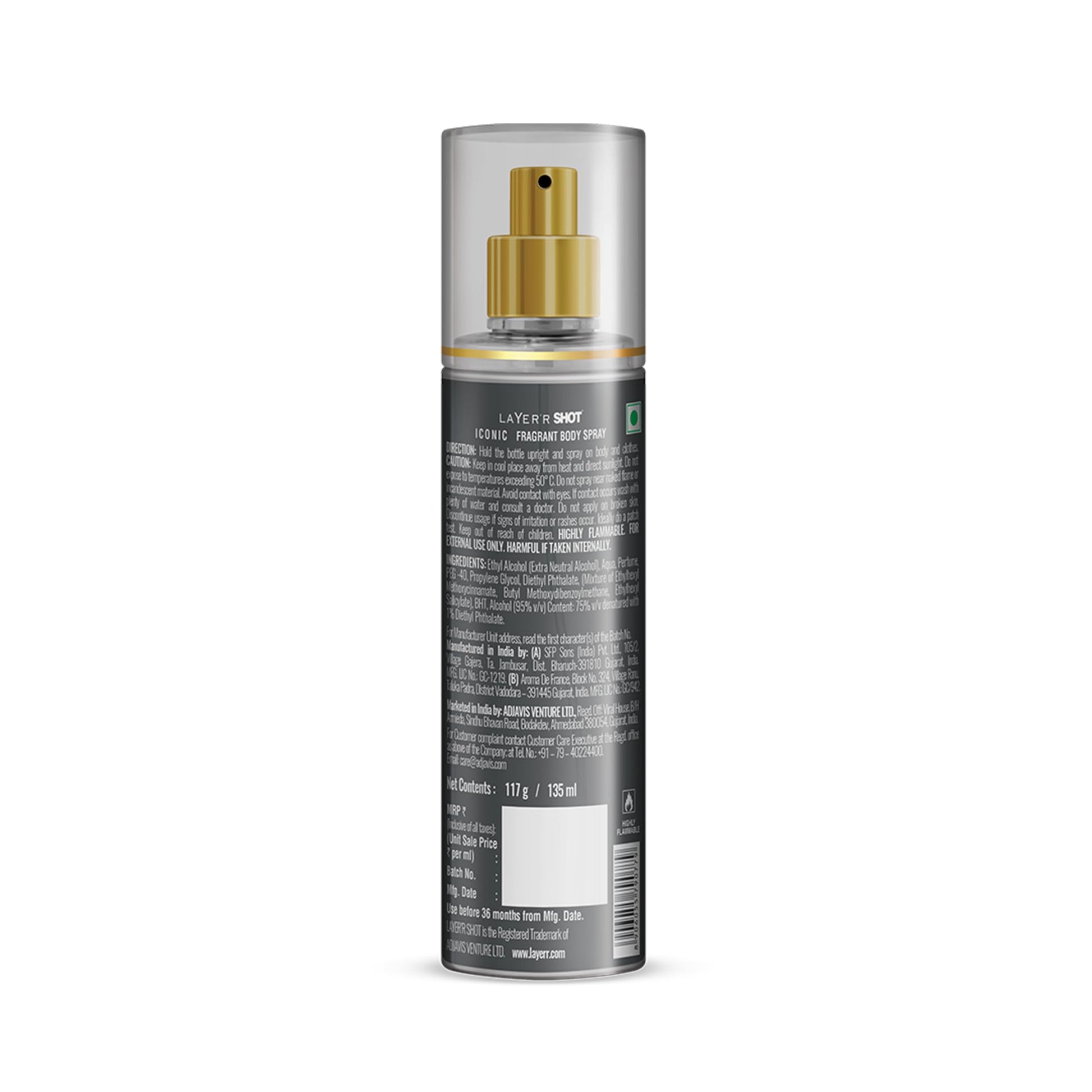 Layer'r Shot Gold Iconic Deodorant Body Spray for Men, 135ml, Spicy Citrus & Amber Fragrance - close-up detail