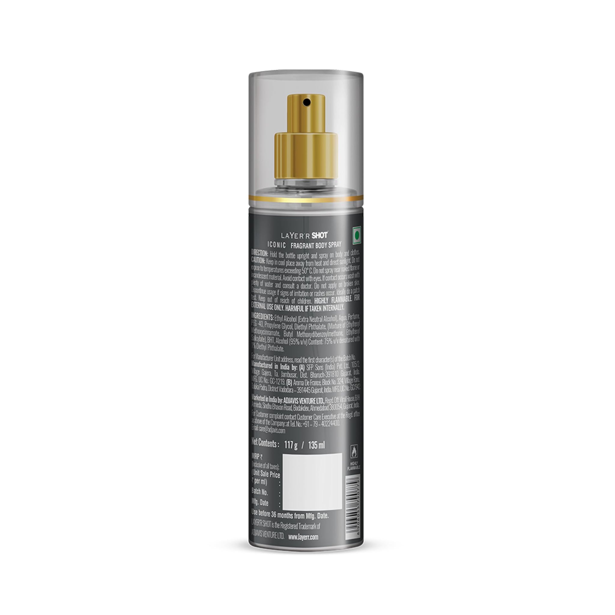 Layer'r Shot Gold Iconic Deodorant Body Spray for Men, 135ml, Spicy Citrus & Amber Fragrance - close-up detail