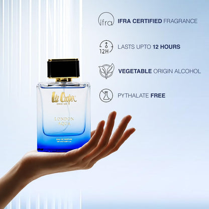 Lee Cooper London Aqua Eau de Parfum, 100ml, Unisex Fragrance with Marine, Grapefruit, Violet, Amber & Woody Notes - back vie