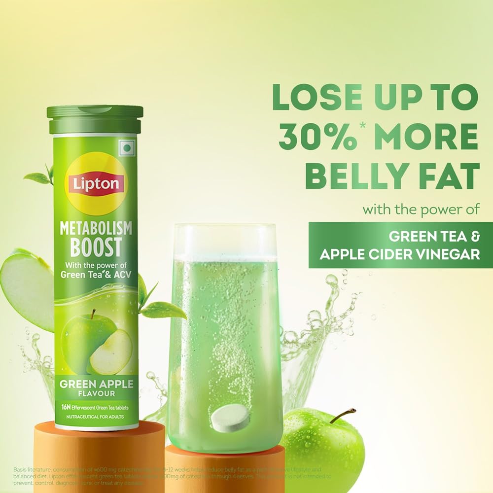 Lipton Metabolism Boost with 150mg Green Tea Catechins and 50mg ACV (Apple Cider Vinegar) | For & Fat Burn | Zero Calories | 