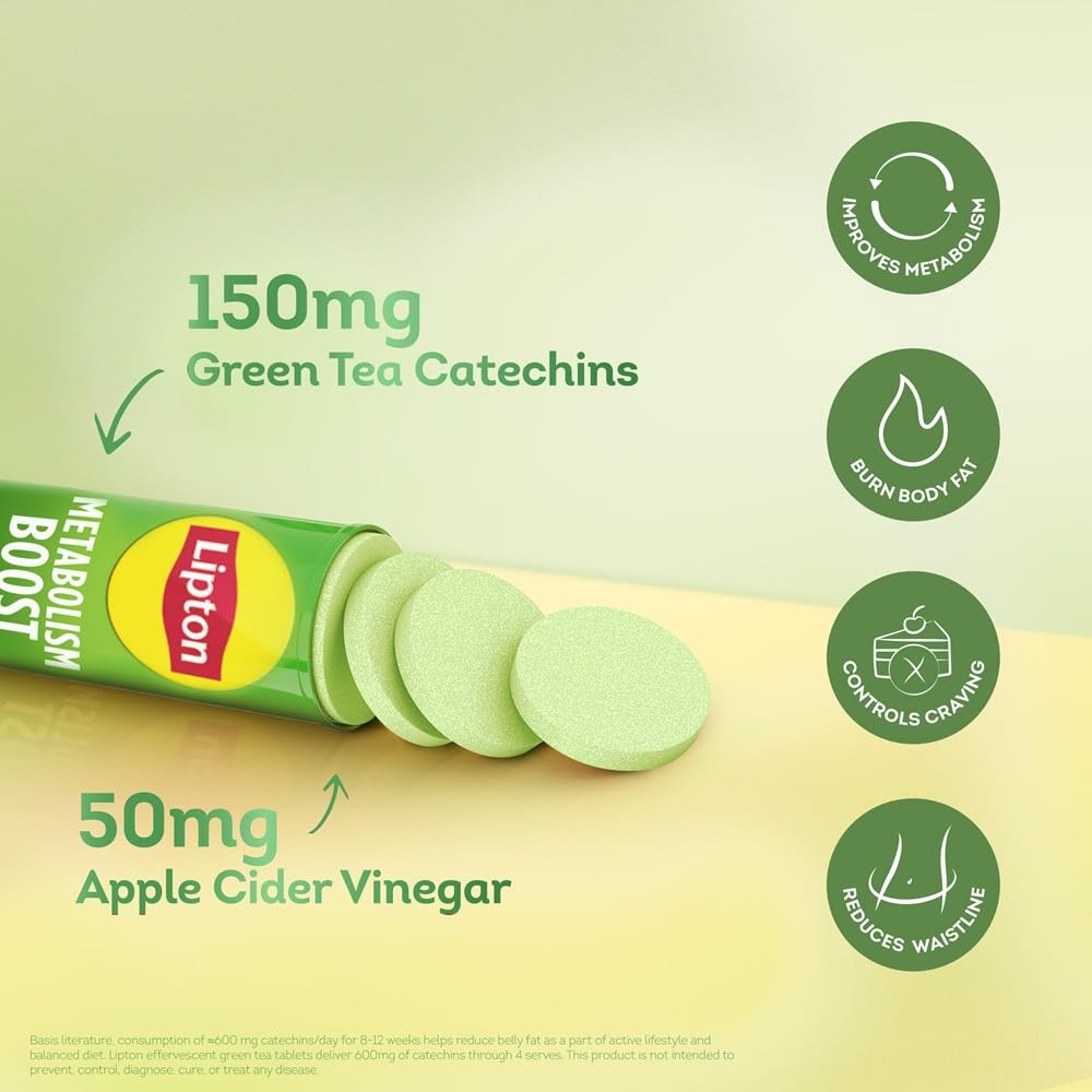 Lipton Metabolism Boost with 150mg Green Tea Catechins and 50mg ACV (Apple Cider Vinegar) | For & Fat Burn | Zero Calories | 
