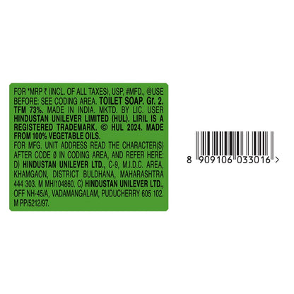 Liril Solid Soap Bar, Lime Scent, Paraben Free, 6 x 125g - ingredients panel