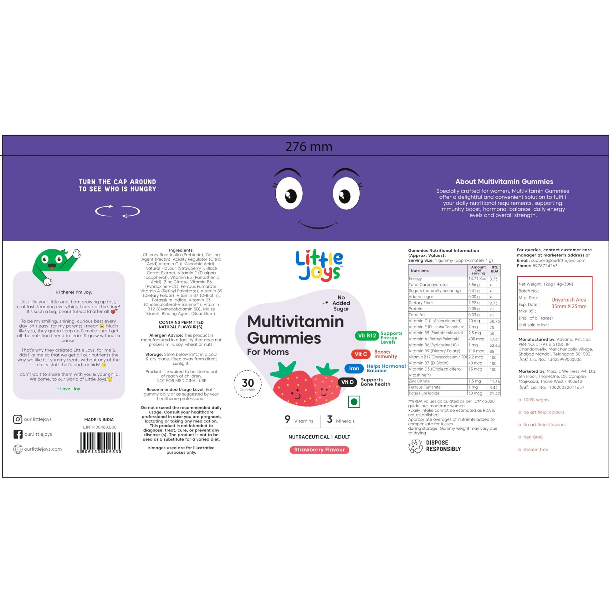 Little Joys Multivitamin Gummies for Kids and Mothers, 12 Vitamins and Minerals, No Added Sugar, Strawberry Flavor - back vie