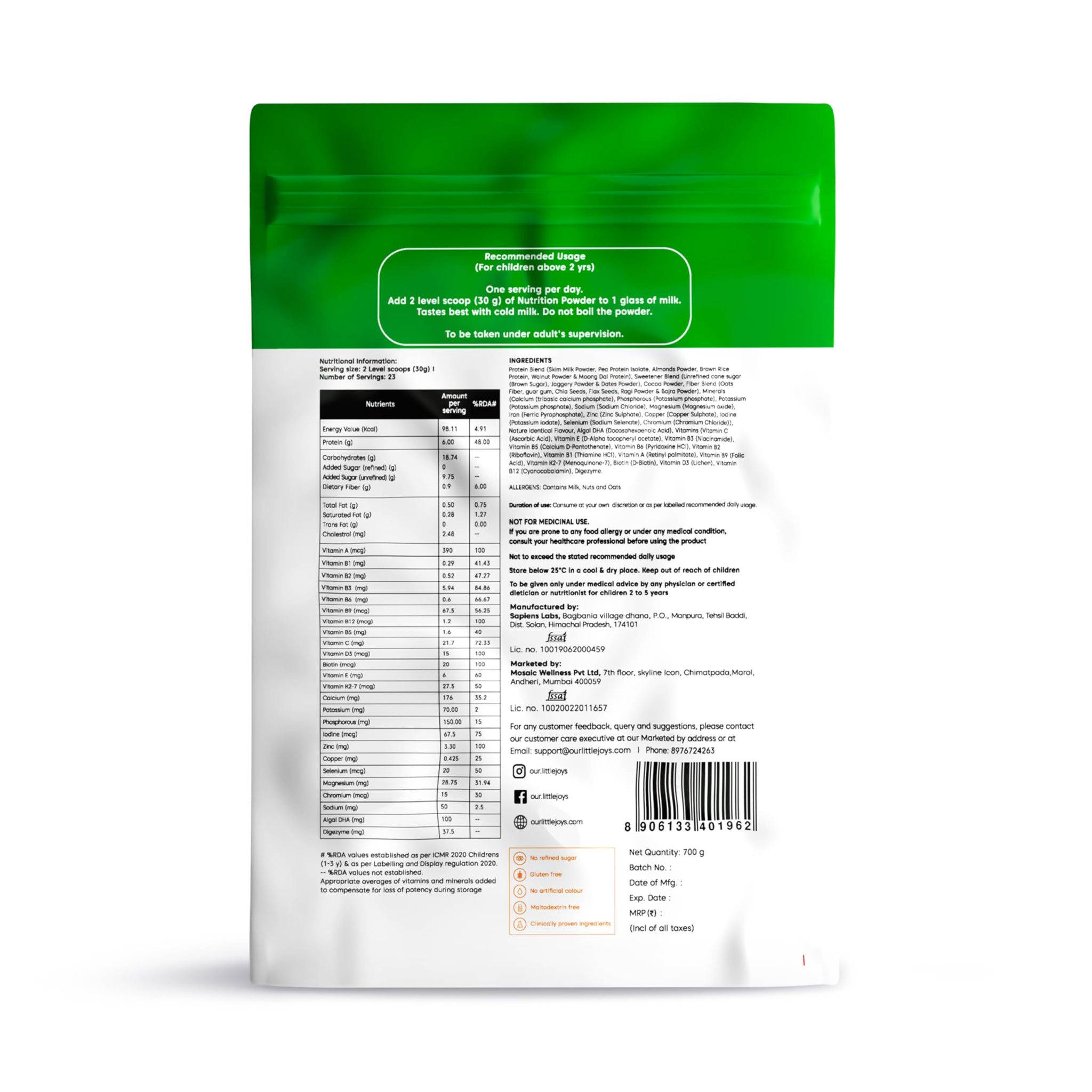 Little Joys Nutrimix Nutrition Powder, Kids Health Drink Mix with Ragi, Bajra, Almonds & Oats, No Refined Sugar, 24 Vitamins 