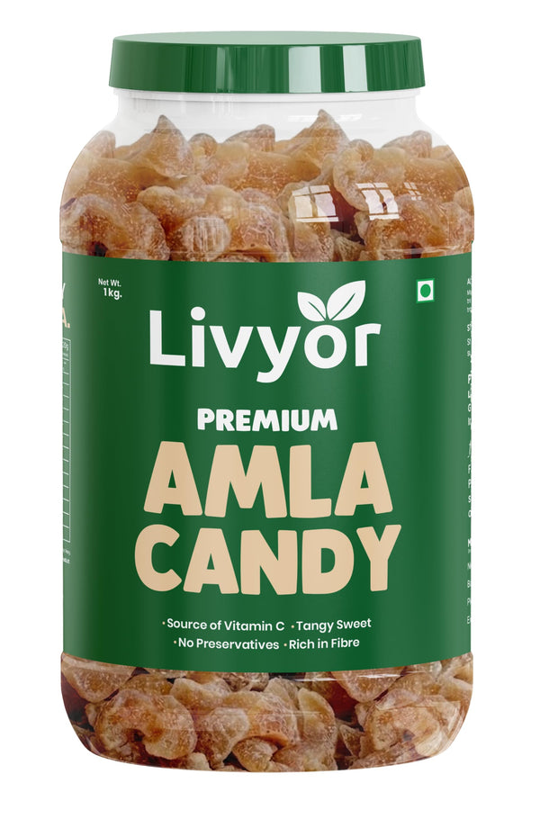 LIVYOR Dried Amla Candy, 1kg, Indian Gooseberry Candy, Sweet and Tangy Fruit Snack, No Preservatives