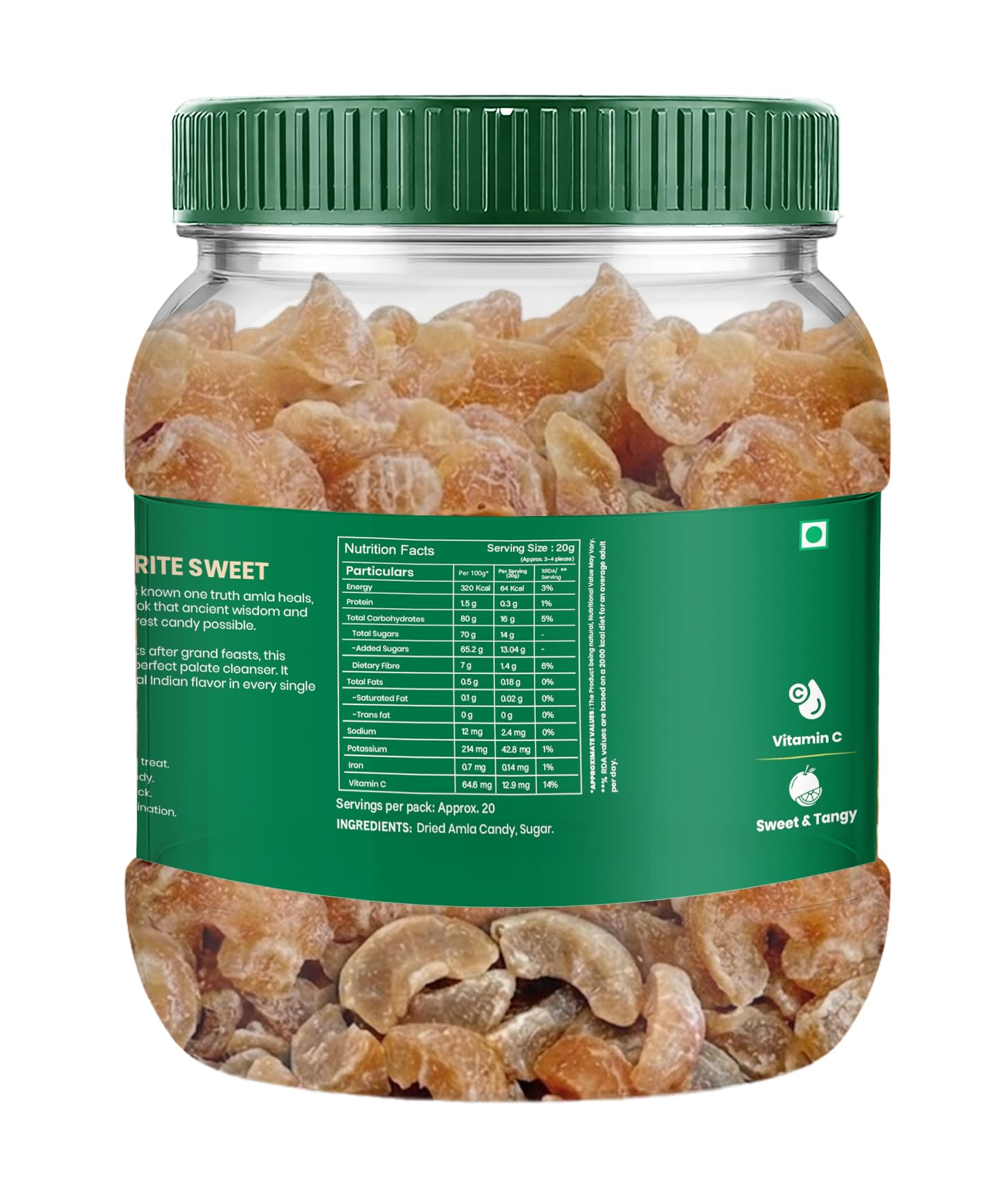 LIVYOR Dried Amla Candy, 1kg, Indian Gooseberry Candy, Sweet and Tangy Fruit Snack, No Preservatives - front view (11)