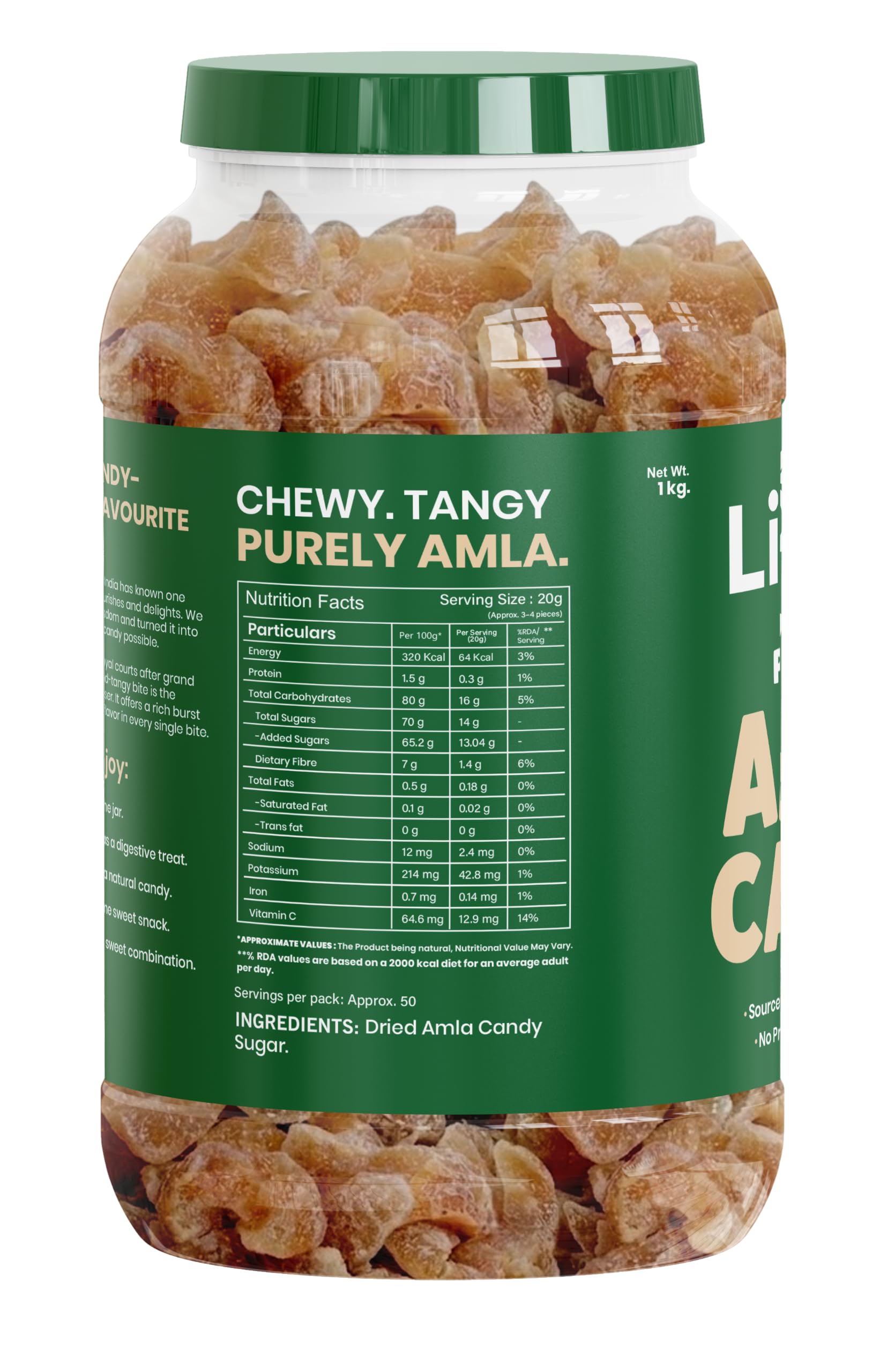 LIVYOR Dried Amla Candy, 1kg, Indian Gooseberry Candy, Sweet and Tangy Fruit Snack, No Preservatives - front view