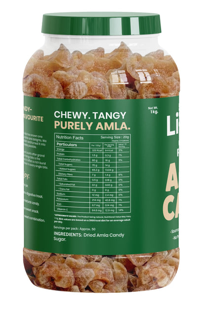 LIVYOR Dried Amla Candy, 1kg, Indian Gooseberry Candy, Sweet and Tangy Fruit Snack, No Preservatives - front view