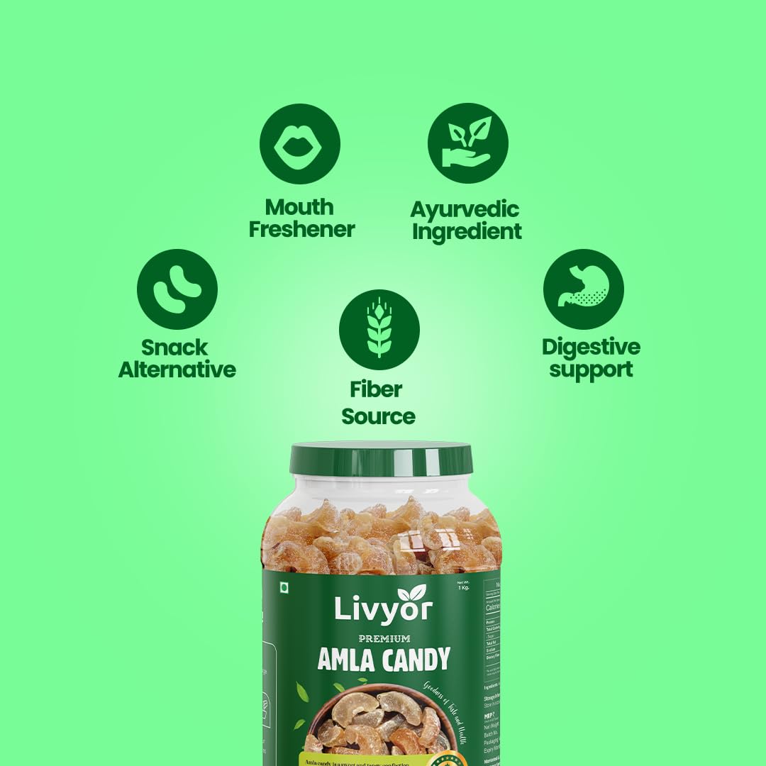 LIVYOR Dried Amla Candy, 1kg, Indian Gooseberry Candy, Sweet and Tangy Fruit Snack, No Preservatives - label detail