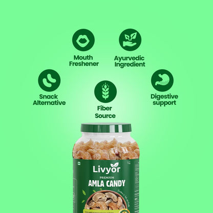 LIVYOR Dried Amla Candy, 1kg, Indian Gooseberry Candy, Sweet and Tangy Fruit Snack, No Preservatives - label detail