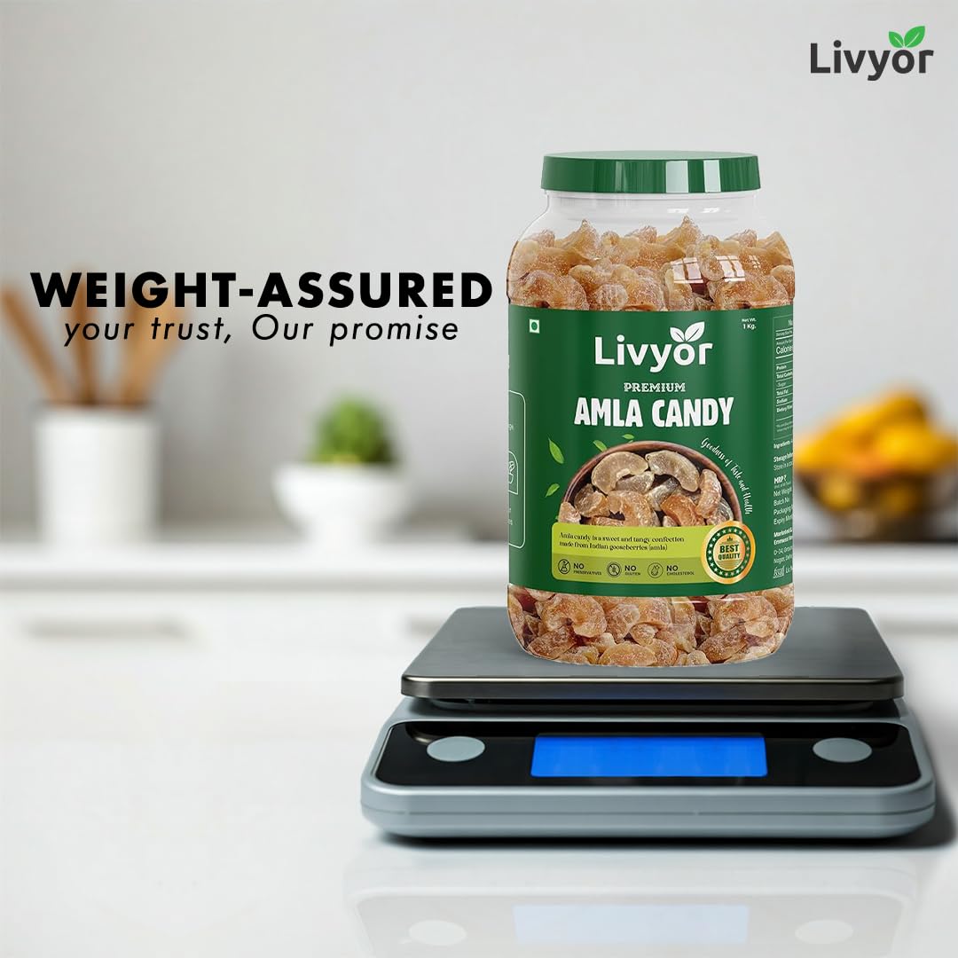 LIVYOR Dried Amla Candy, 1kg, Indian Gooseberry Candy, Sweet and Tangy Fruit Snack, No Preservatives - size and scale
