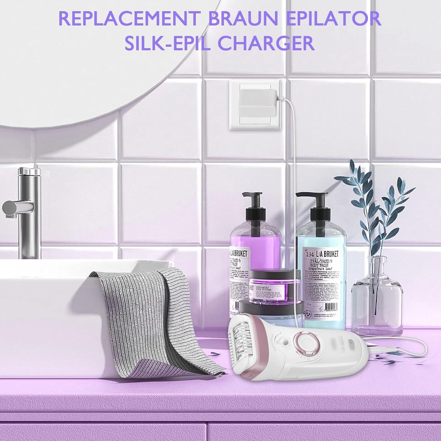 Lnauy 12V Replacement Charger for Braun Epilator, Compatible with Silk-épil 5/7/9 and FaceSpa Pro, 1.5m - back view