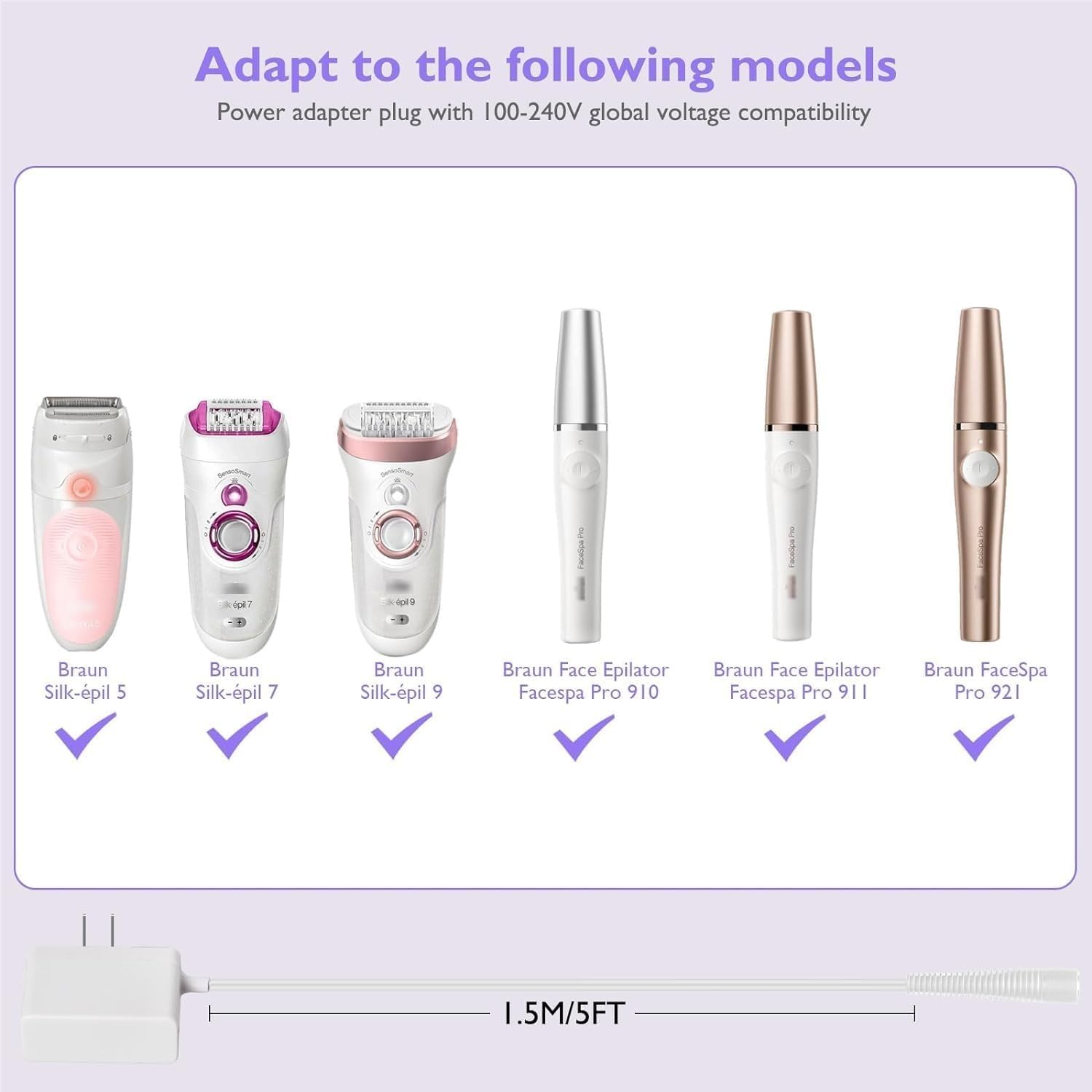 Lnauy 12V Replacement Charger for Braun Epilator, Compatible with Silk-épil 5/7/9 and FaceSpa Pro, 1.5m - packaging