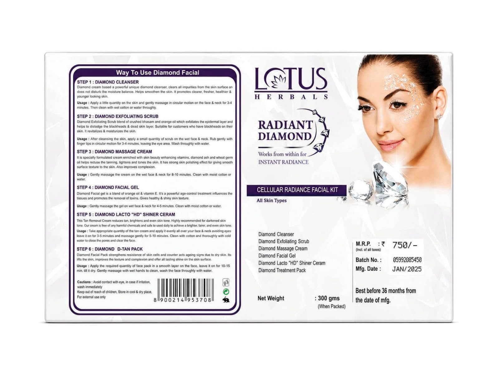 Lotus Herbals 6-in-1 Facial Kit with Diamond Ash and Cinnamon, 300g, for Women and Men - front view