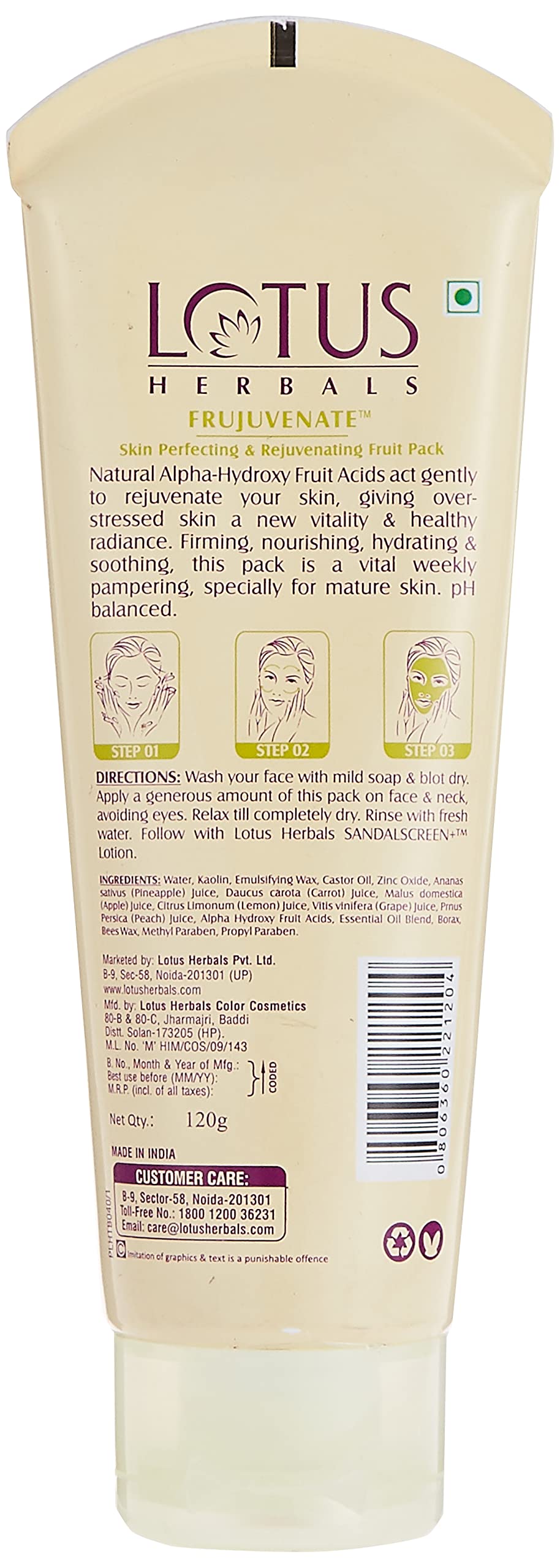 Lotus Herbals Frujuvenate Fruit Pack, 120g, Herbal Face Pack with Grape, Carrot and Apple Extracts - front view