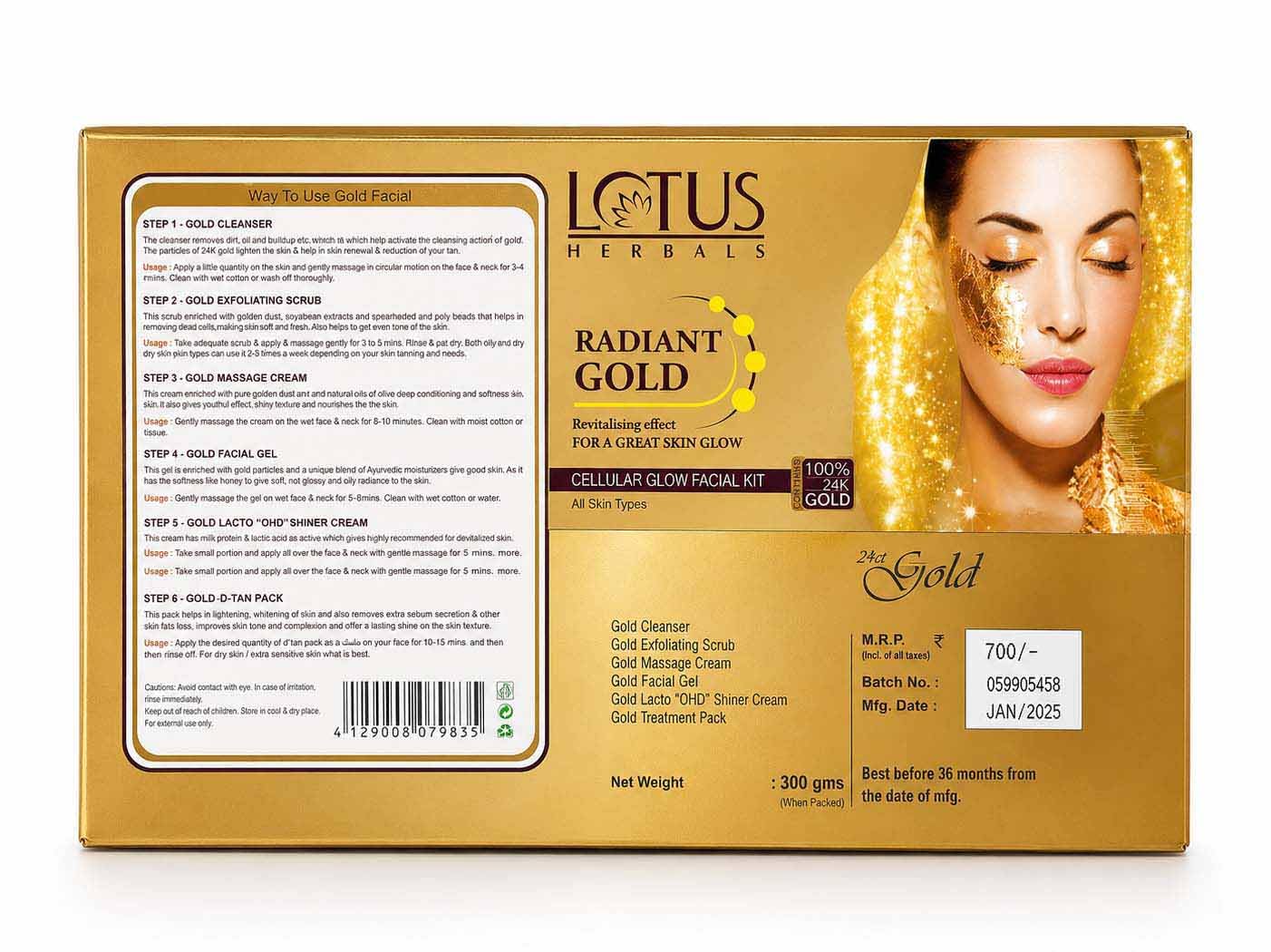 Lotus Herbals Radiant Gold Cellular Glow 6-Step Facial Kit with 24K Gold Leaves, 300g - front view