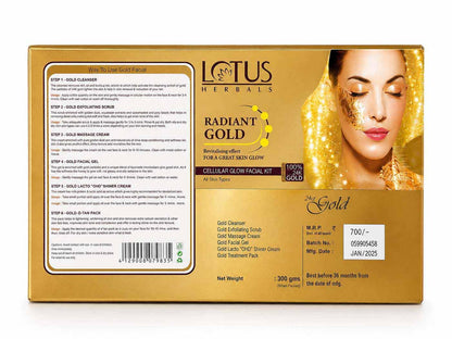 Lotus Herbals Radiant Gold Cellular Glow 6-Step Facial Kit with 24K Gold Leaves, 300g - front view