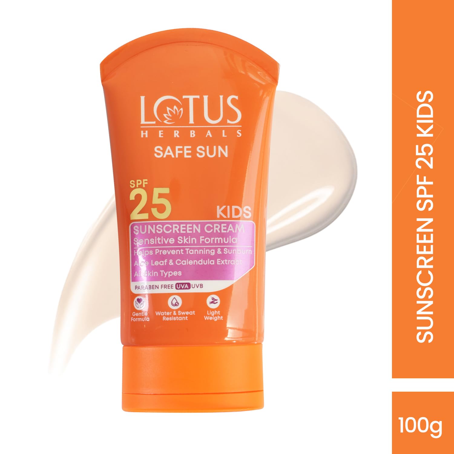 Lotus Herbals Safe Sun Kids Sunscreen Cream SPF 25 with Aloe Vera and Calendula, Water Resistant, Paraben Free, 100g - front
