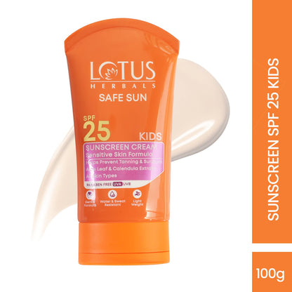 Lotus Herbals Safe Sun Kids Sunscreen Cream SPF 25 with Aloe Vera and Calendula, Water Resistant, Paraben Free, 100g - front