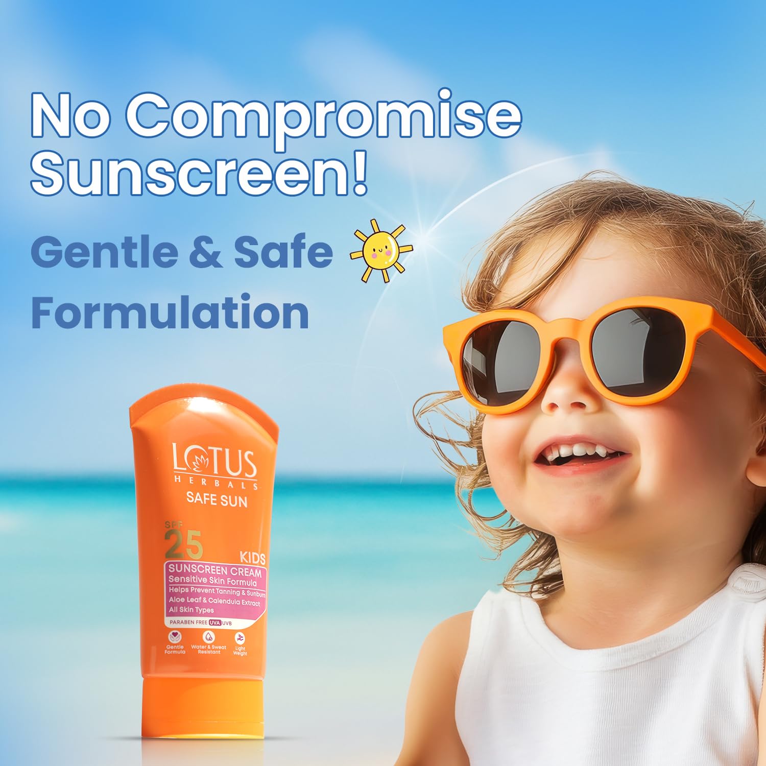 Lotus Herbals Safe Sun Kids Sunscreen Cream SPF 25 with Aloe Vera and Calendula, Water Resistant, Paraben Free, 100g - packag