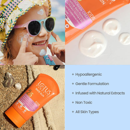 Lotus Herbals Safe Sun Kids Sunscreen Cream SPF 25 with Aloe Vera and Calendula, Water Resistant, Paraben Free, 100g - ingred