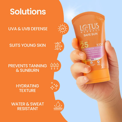 Lotus Herbals Safe Sun Kids Sunscreen Cream SPF 25 with Aloe Vera and Calendula, Water Resistant, Paraben Free, 100g - close-