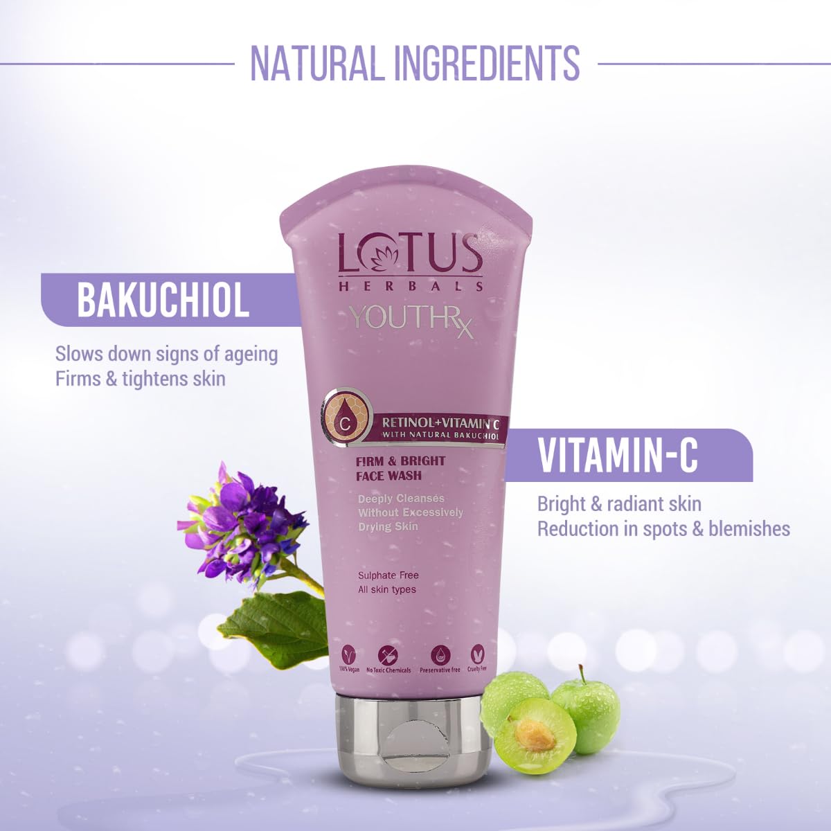 Lotus Herbals YouthRx Face Wash with Bakuchiol and Vitamin C, 100ml, Unisex Daily Face Wash - front view