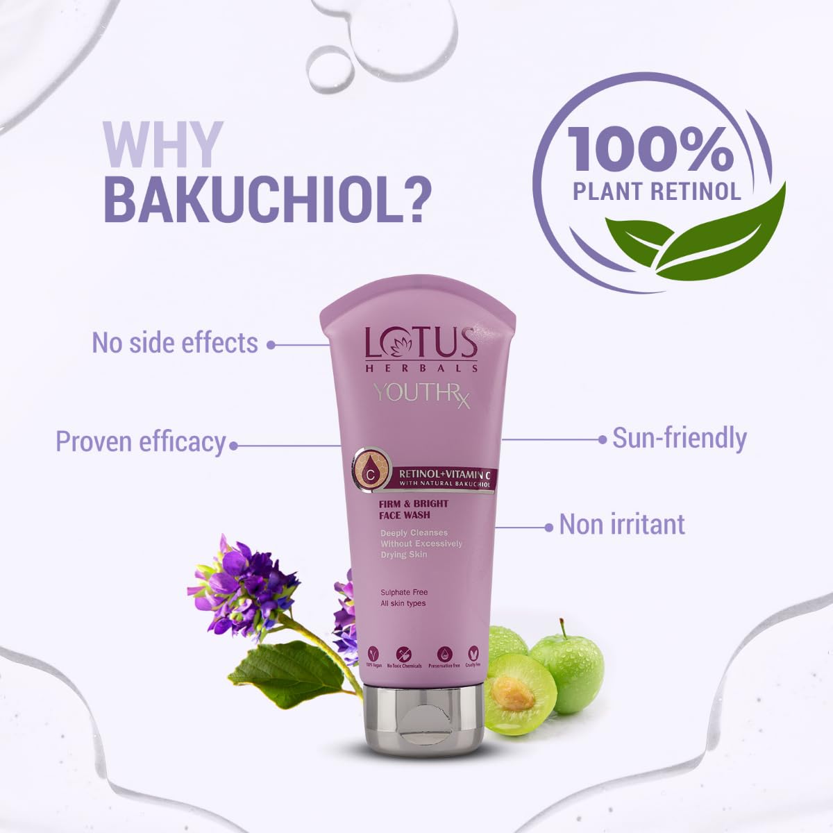 Lotus Herbals YouthRx Face Wash with Bakuchiol and Vitamin C, 100ml, Unisex Daily Face Wash - back view