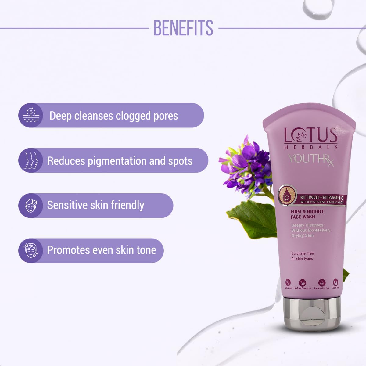 Lotus Herbals YouthRx Face Wash with Bakuchiol and Vitamin C, 100ml, Unisex Daily Face Wash - label detail