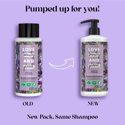 Love Beauty And Planet Argan Oil and Lavender Sulfate Free Smooth and Serene Shampoo - front view (10)