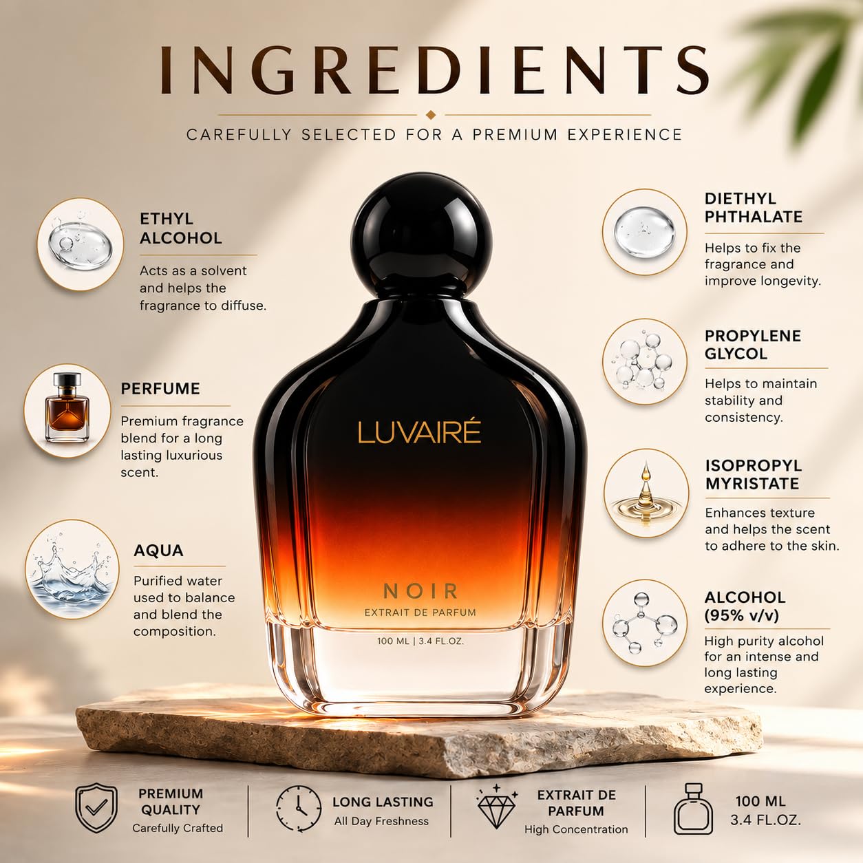 Luvairé NOIR Extrait De Parfum 100ml (3.4 Fl Oz) for Men - Intense Fragrance Spray - front view
