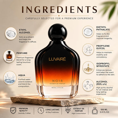 Luvairé NOIR Extrait De Parfum 100ml (3.4 Fl Oz) for Men - Intense Fragrance Spray - front view