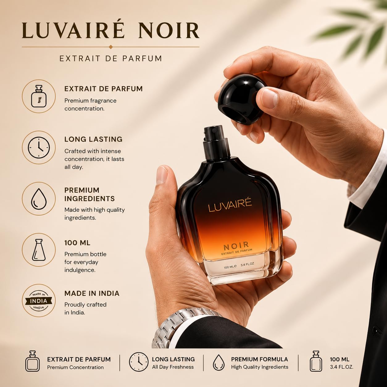 Luvairé NOIR Extrait De Parfum 100ml (3.4 Fl Oz) for Men - Intense Fragrance Spray - packaging
