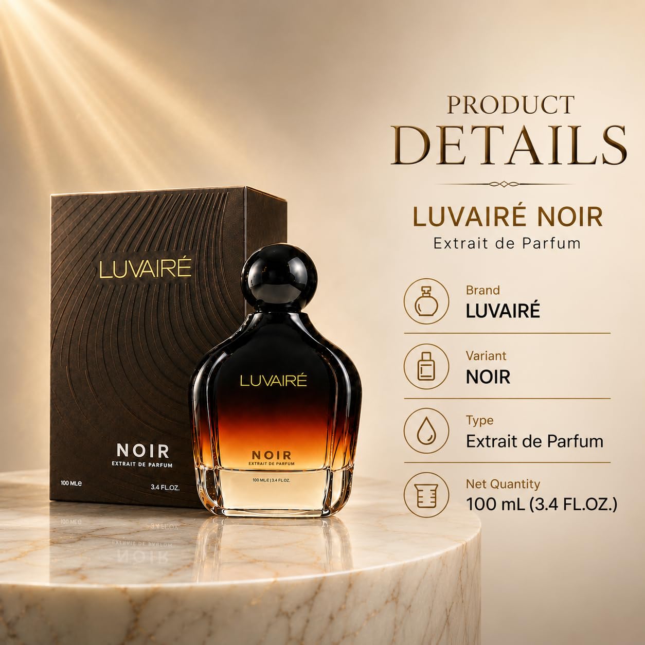 Luvairé NOIR Extrait De Parfum 100ml (3.4 Fl Oz) for Men - Intense Fragrance Spray - close-up detail