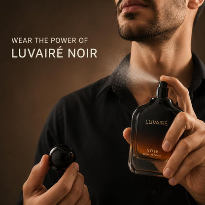Luvairé NOIR Extrait De Parfum 100ml (3.4 Fl Oz) for Men - Intense Fragrance Spray - in use