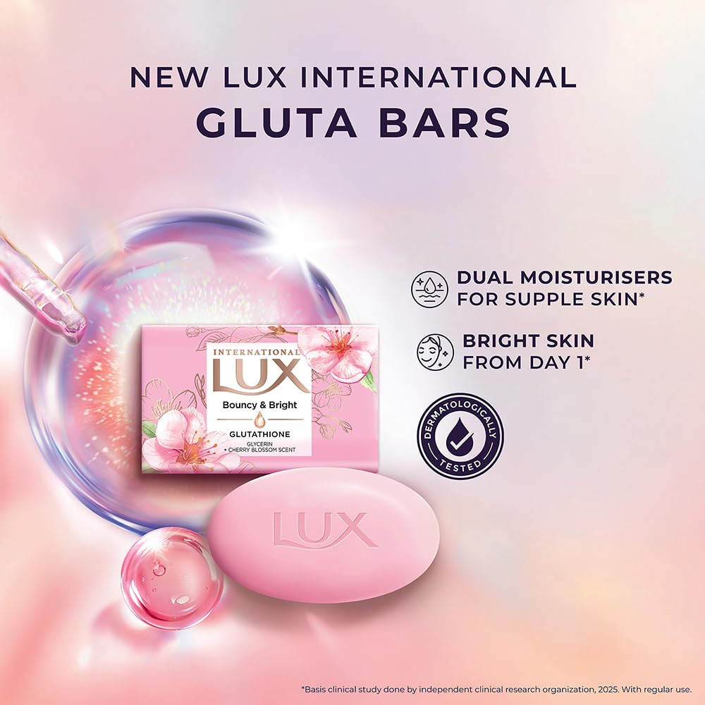 LUX Bathing Soap Bars, 4 x 130g, Cherry Blossom Fragrance, Glycerin & Glutathione - front view